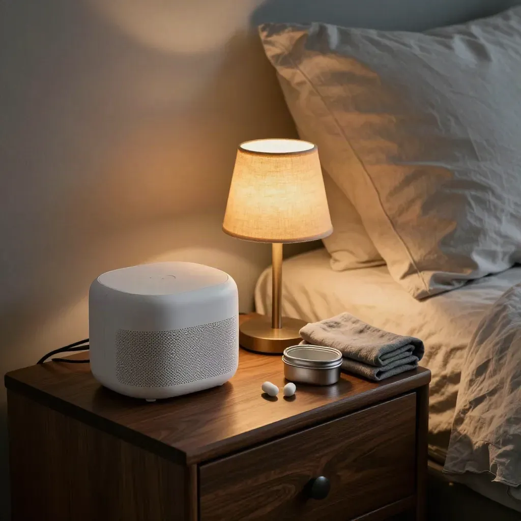 Bedside table with speaker, earplugs tin, folded linen, and a warm lamp glow