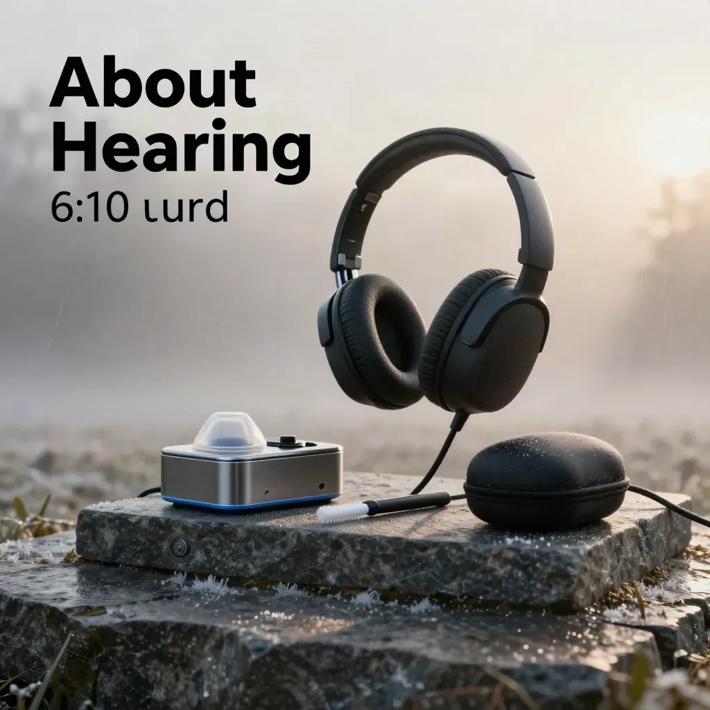 Matte-black audiology headphones, charger and hearing accessories on a stone plinth in fog and sleet.