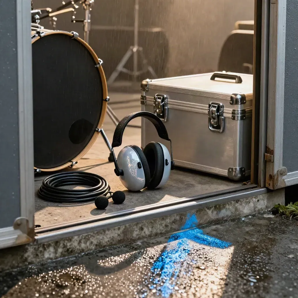 Wet backstage dock with ear protection, drum case, cable, and road case in dramatic low light.