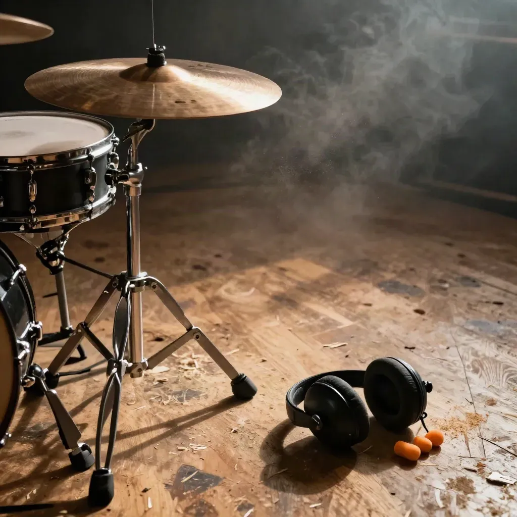 Drum kit, earmuffs and earplugs on a scarred rehearsal floor in warm light.