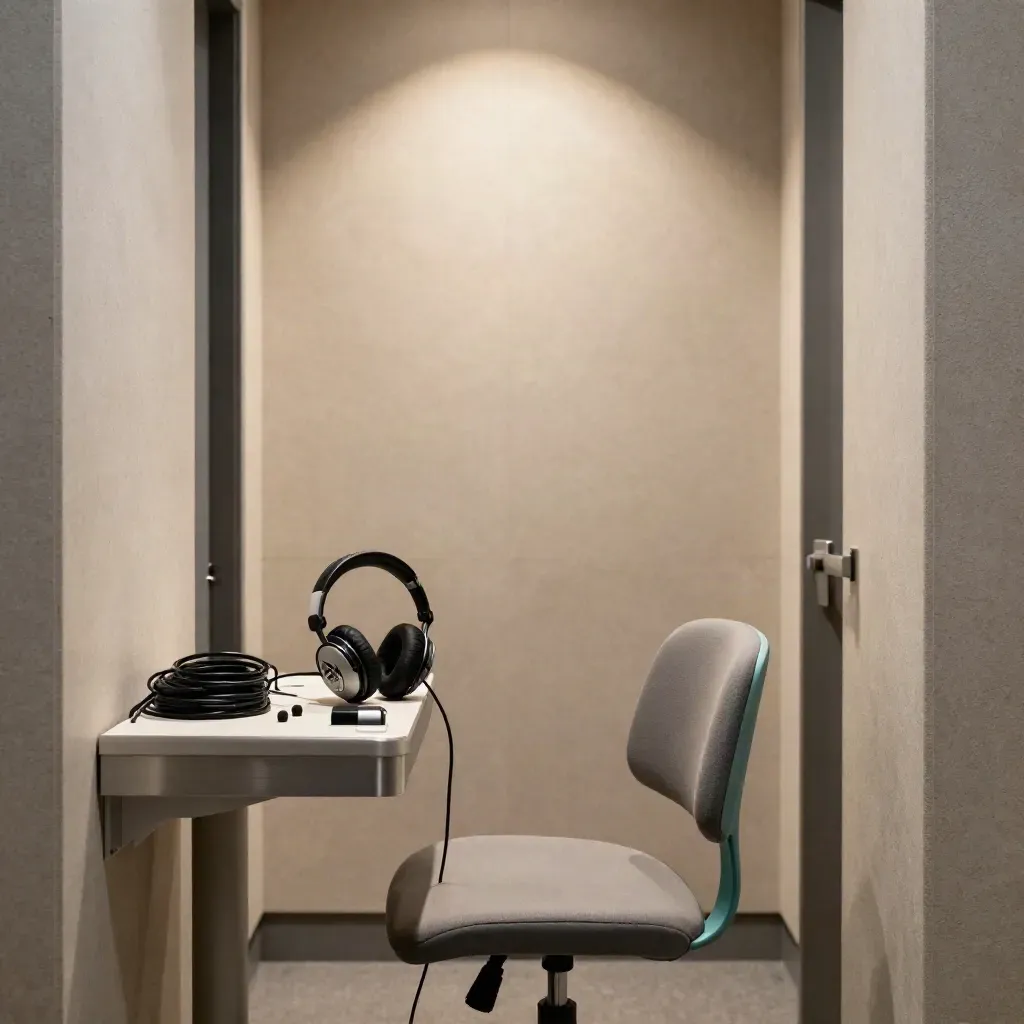 Soundproof hearing test booth with headphones, acoustic panels and a small audiology bench.