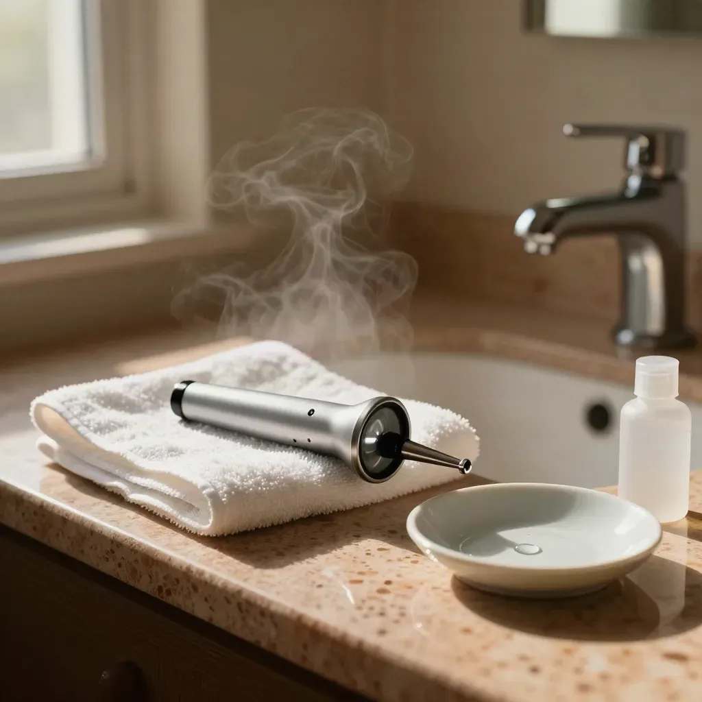 Bathroom ear-care kit beside towel, saline bottle, ceramic dish, and otoscope-style light in steam