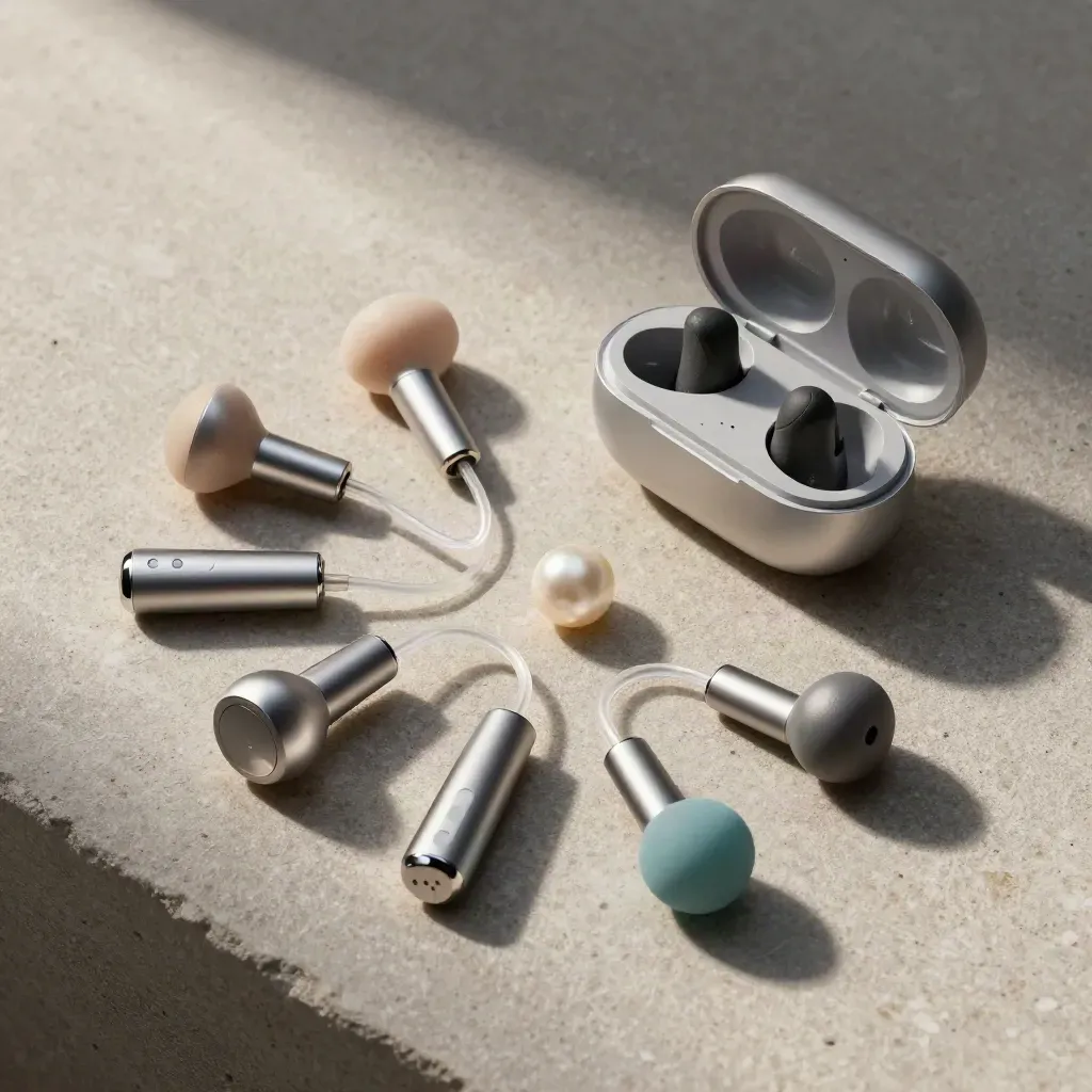 Top-down hearing aid lineup with charging case and domes on matte stone