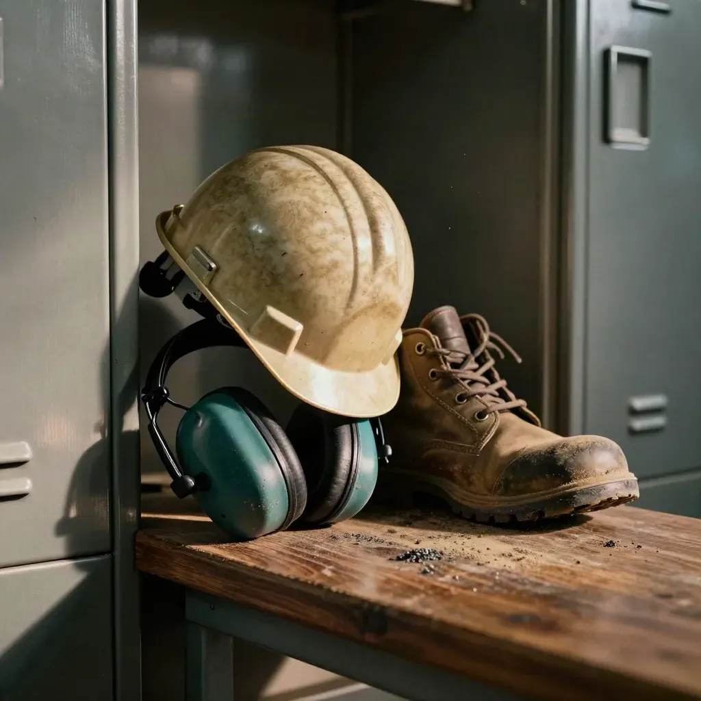 Hard hat, earmuffs and a work boot beside a metal tool chest on a dusty bench