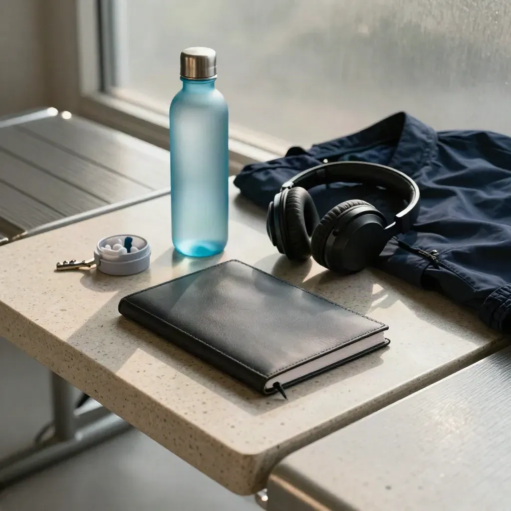 Clinic bench staged for a hearing test with notebook, earplugs case, water bottle, headphones, and jacket.