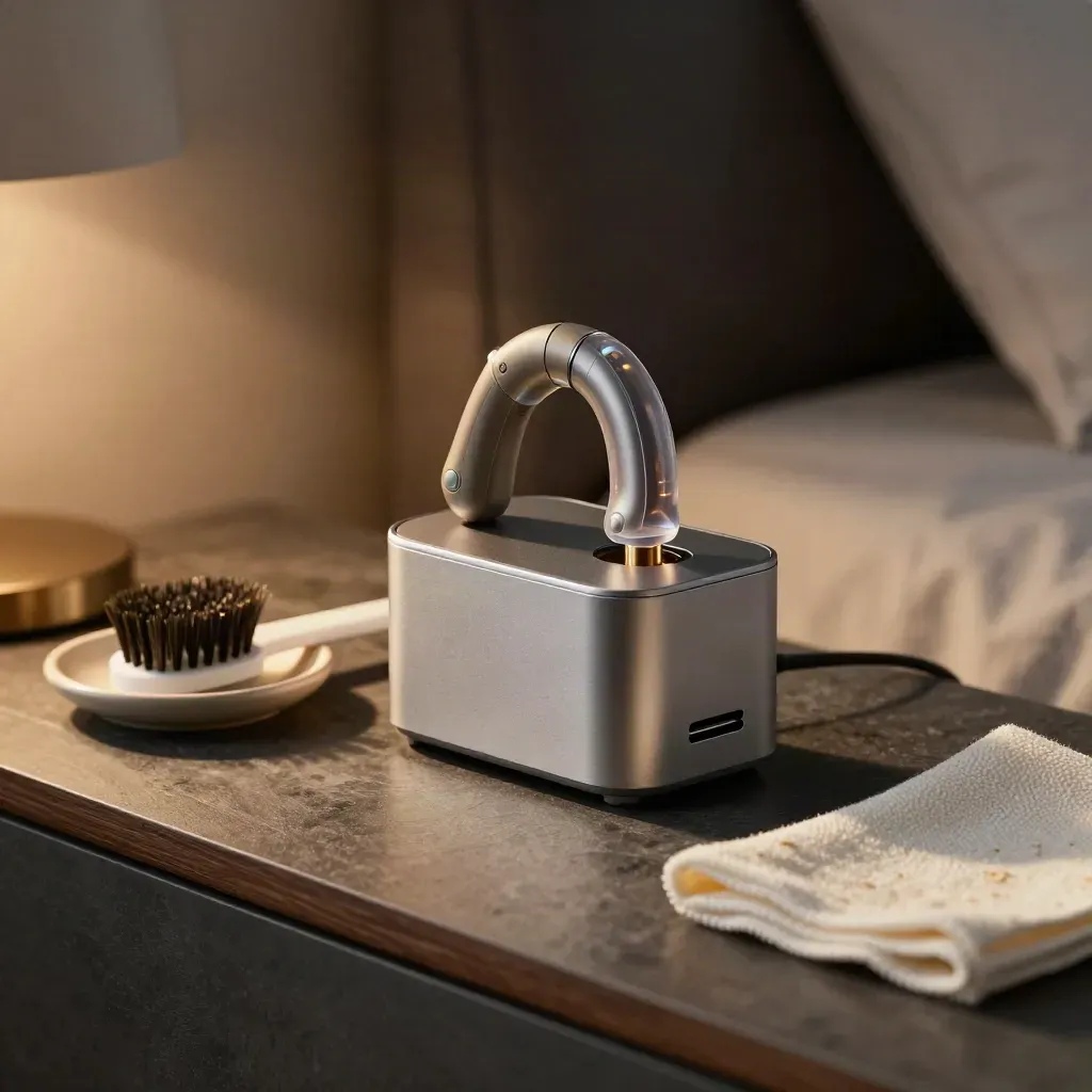 Rechargeable hearing aid dock glowing on a bedside table with brush and spare domes in a dark bedroom.