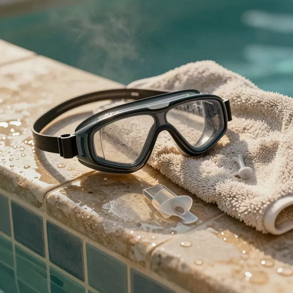 Wet poolside goggles, swimmer’s plugs, and a towel on a tiled bench in mist.