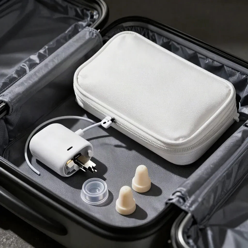 White travel pouch with hearing aid charger and accessories half-zipped inside a suitcase