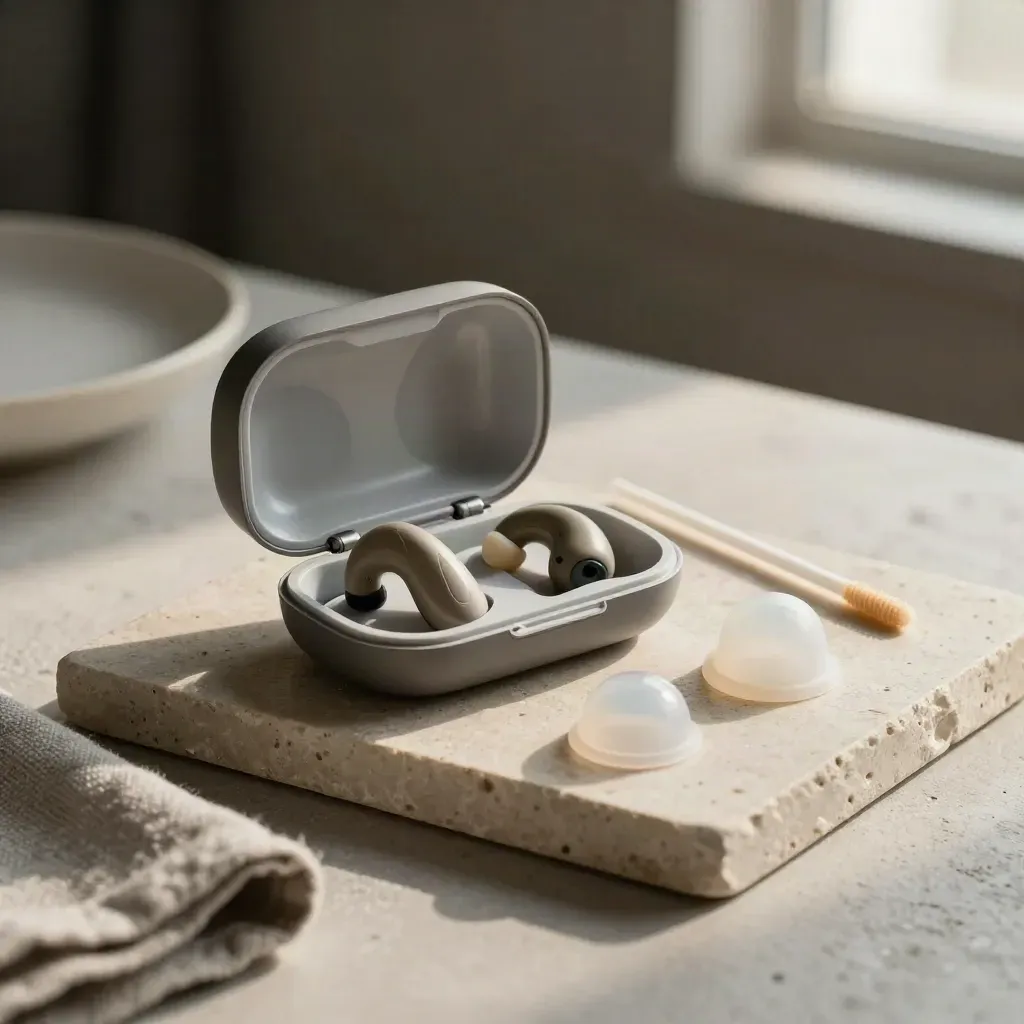 Open hearing aid case with aid, wax brush and silicone domes on a stone tray.
