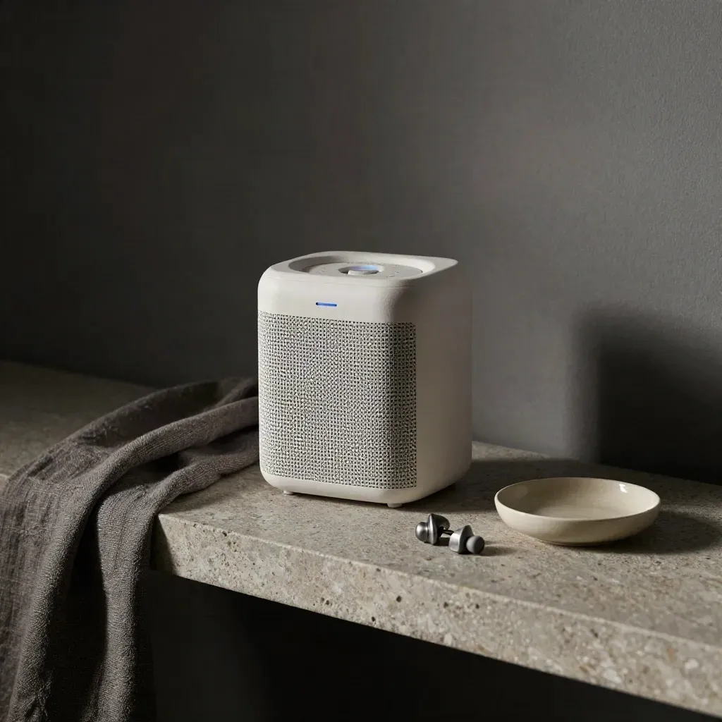 White-noise speaker with earplug tin and ceramic dish on a stone shelf