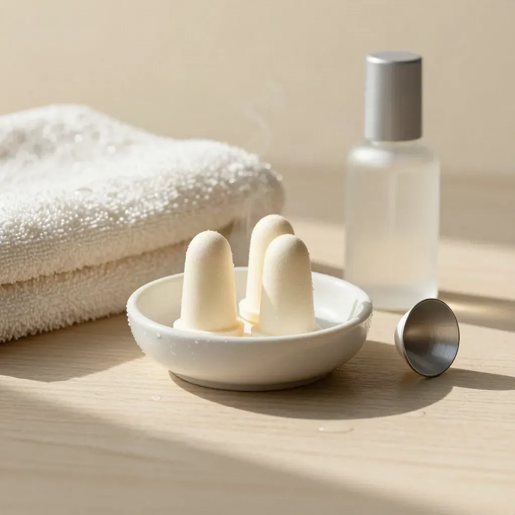 Reusable earplugs in a white dish with towel and drops bottle on pale wood after shower.