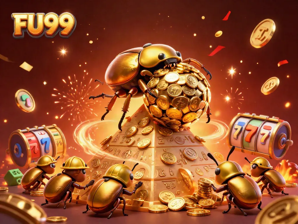 Witness the excitement of FU99 as golden beetles celebrate with jackpot symbols and vibrant casino elements.