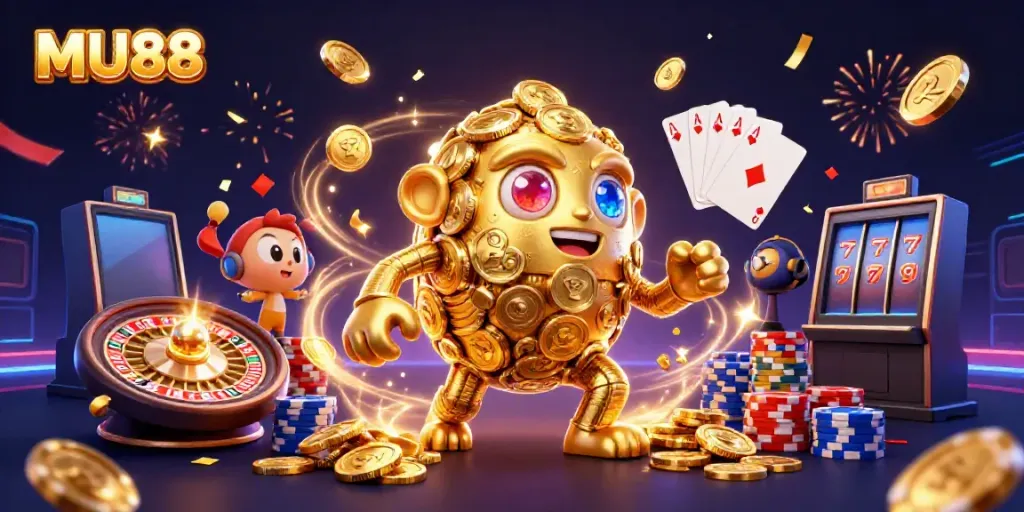 Experience exciting games at MU88 casino with dynamic golden golem character surrounded by vibrant casino elements.