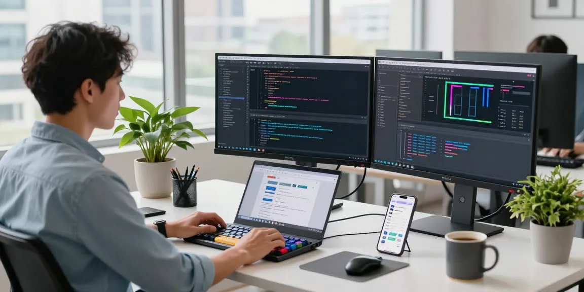 快连 technology workspace with a developer coding on multiple monitors in a bright office