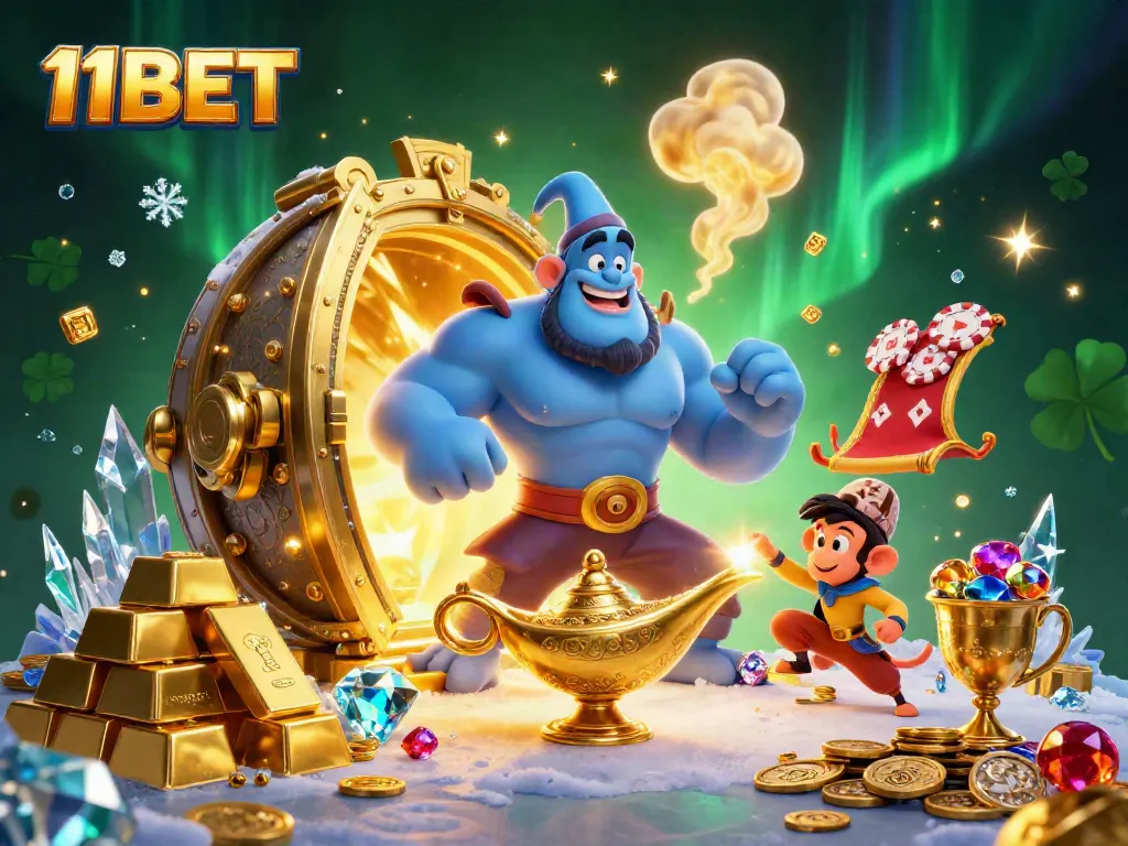 Experience thrills at 11BET with a vibrant scene of a genie, treasures, and poker chips.