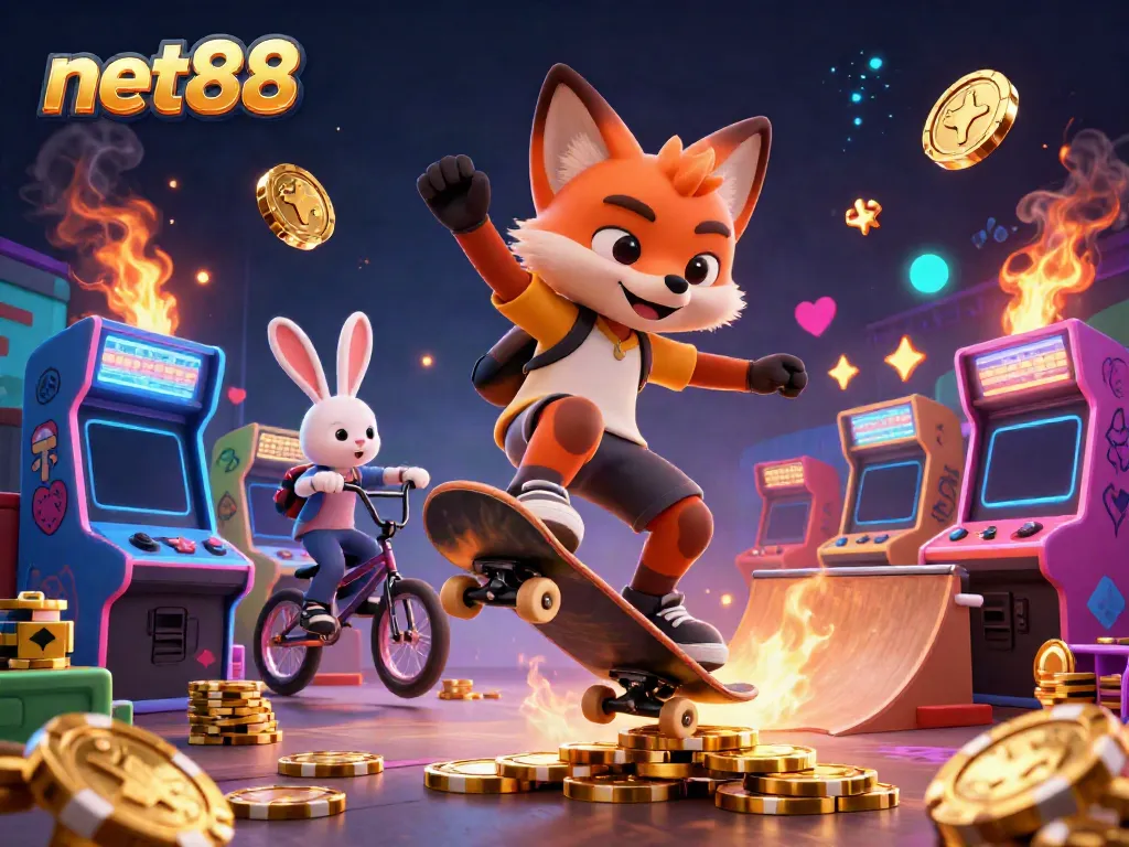 net88 showcases a vibrant 3D illustration with casino elements, capturing thrilling gaming energy.