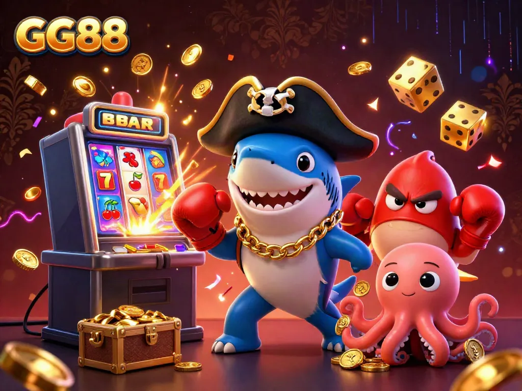 Engage with GG88 in this vibrant 3D illustration featuring playful pirate shark, angry pufferfish, and treasure-holding octopus, all amidst dynamic casino game elements.