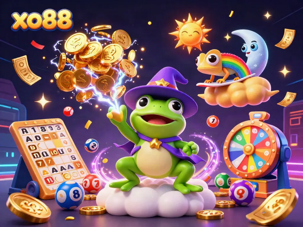 Experience the thrill of gambling at xo88 with vibrant golden coins, rainbow chameleon, and dynamic game elements raining down.