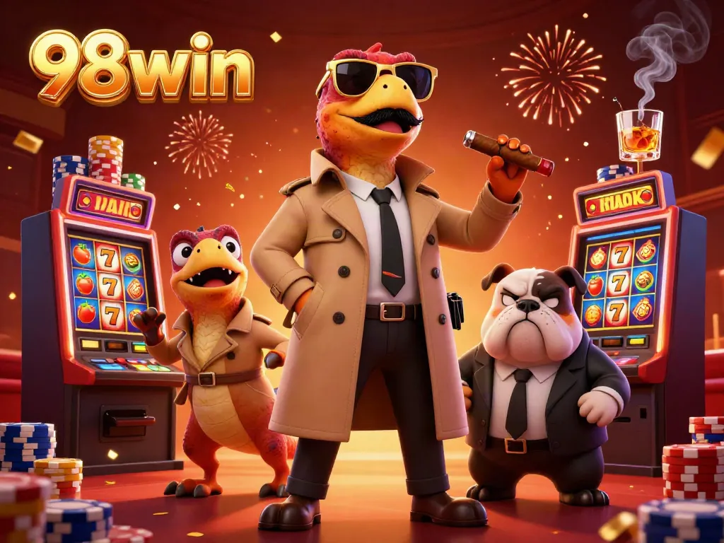 Experience the excitement of winning with 98win’s vibrant casino adventure featuring animated characters.