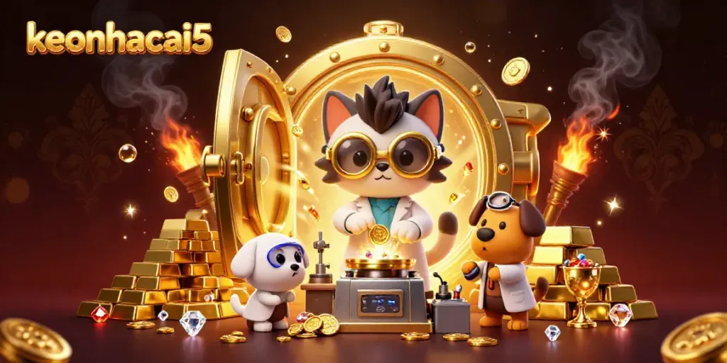 Watch keonhacai5's mad scientist cat and dog creating wealth in a magical lab filled with treasures.
