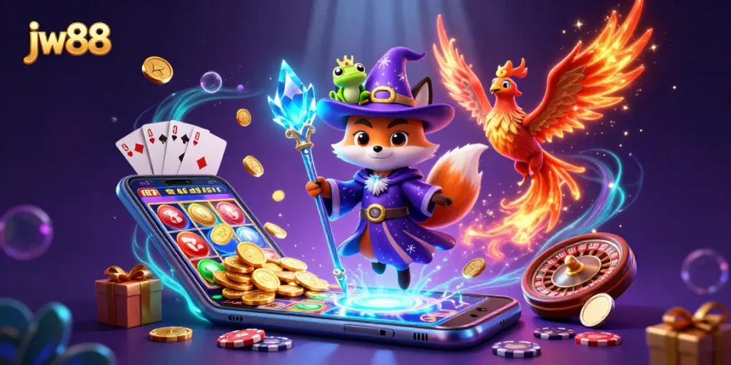 Experience the magic of jw88 with a wizard fox, phoenix, and immersive casino elements.