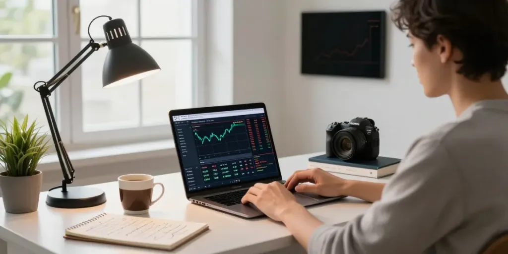 NordenCore.ca AI trading interface displayed on a laptop in a minimalistic home office.