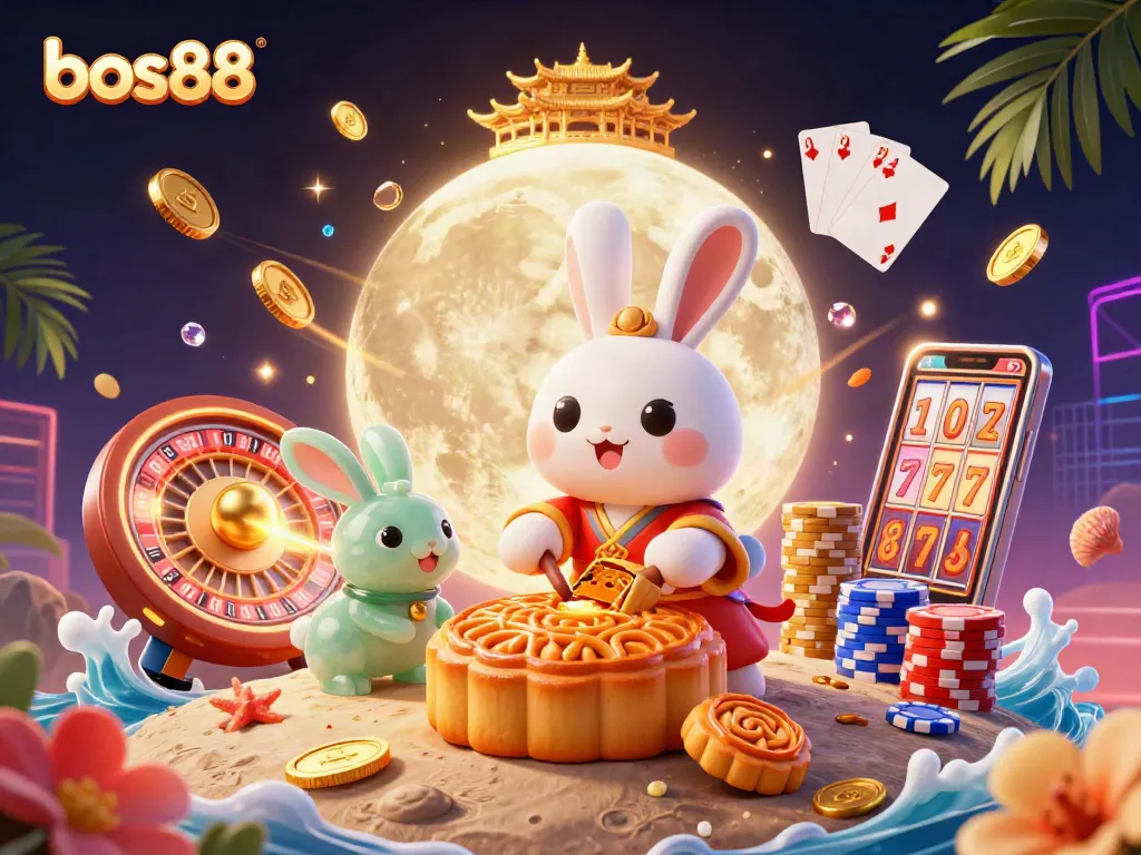 Engage in exciting gameplay at bos88 with the vibrant moon rabbit, golden coins, and dazzling poker elements.