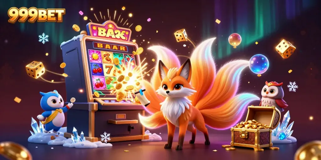 A dynamic casino scene featuring 999BET with a glowing fox spirit, wise owl, and slot machine jackpot.
