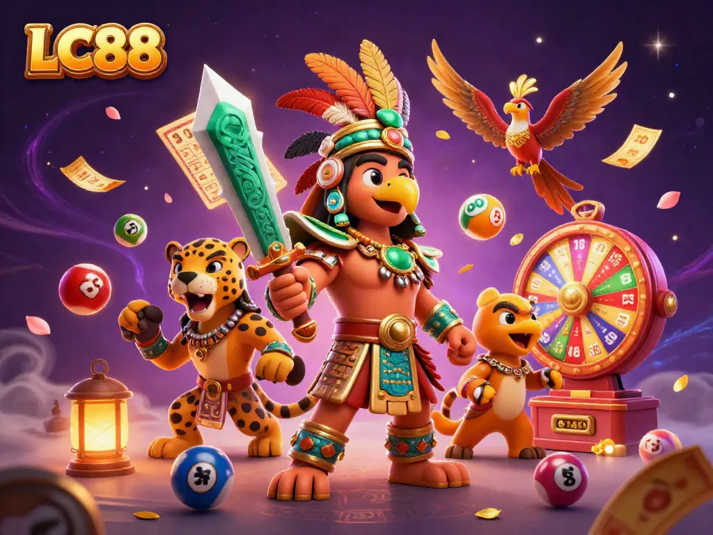 LC88 captivates with vibrant lottery balls and an Aztec warrior, showcasing thrilling gaming excitement.