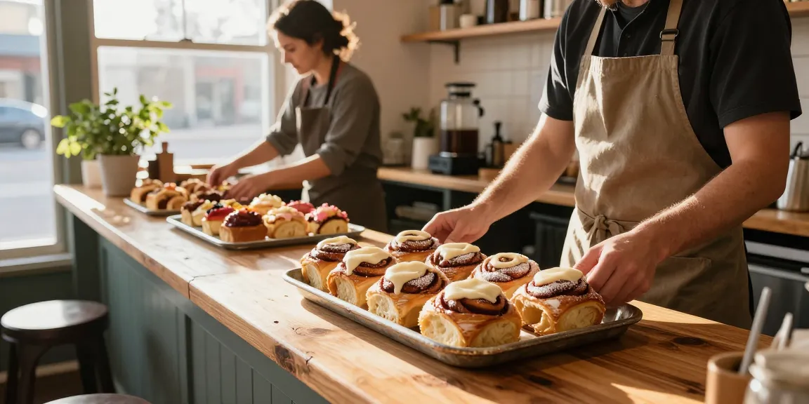 Warm bakery scene showcasing fresh cinnamon buns at Bakery Calgary with welcoming atmosphere.