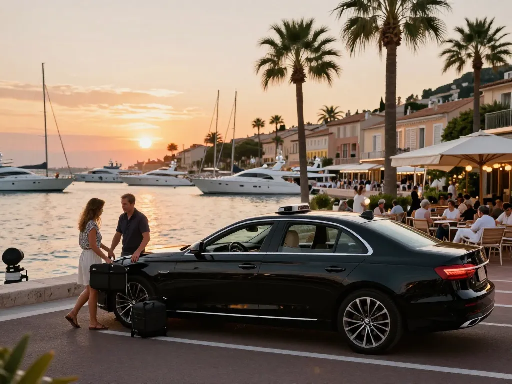 Scène de Taxi à Saint-Tropez avec un chauffeur professionnel aidant des clients dans un port pittoresque, mettant en avant le luxe et le confort.