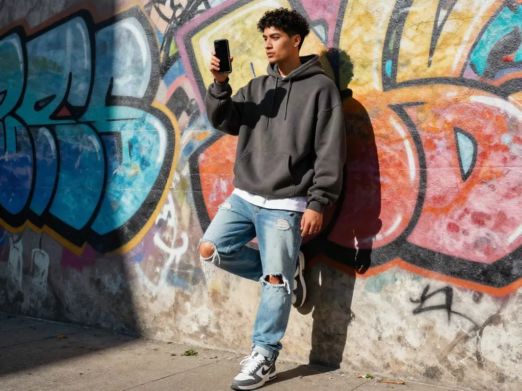 Stylish individual showcasing rokok88 streetwear outfit in urban environment.