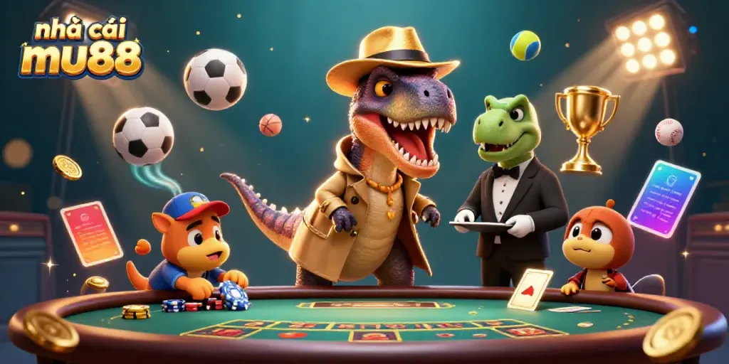 Engaging scene of nhà cái mu88 with a velociraptor card counter at a blackjack table, highlighting vibrant casino elements.
