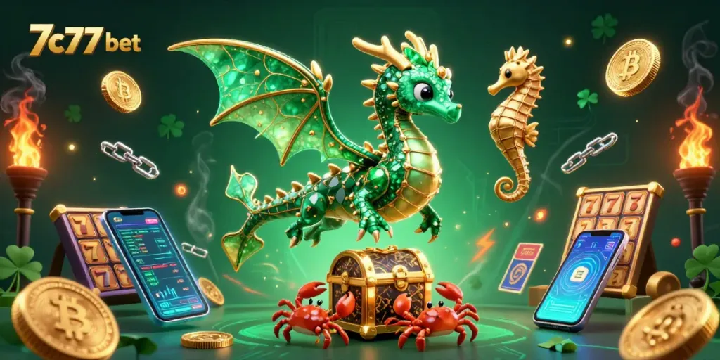 Engage with thrilling action in a vibrant 7c77 bet casino scene complete with dragons and gold treasures.
