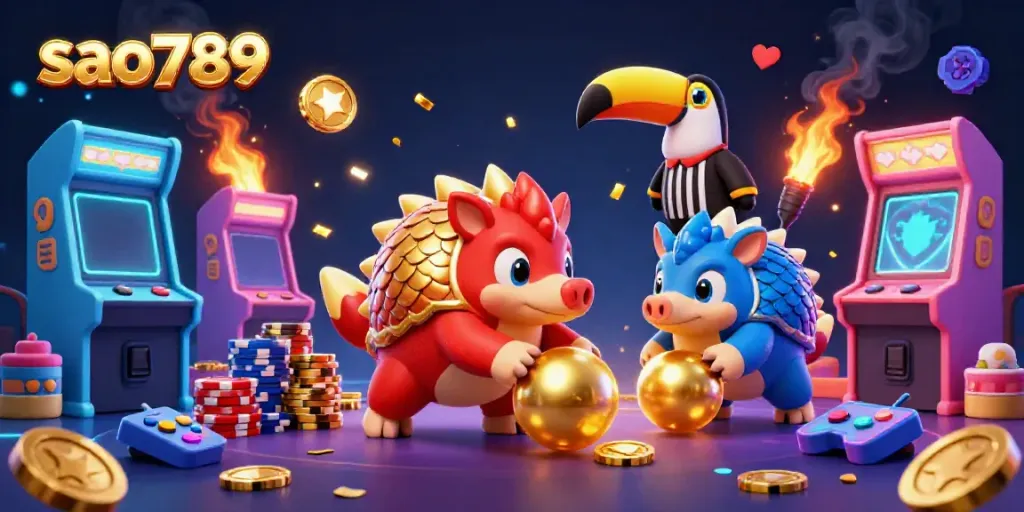 Experience thrilling gameplay with sao789 as rival pangolins roll through poker chips in a vibrant casino setting.