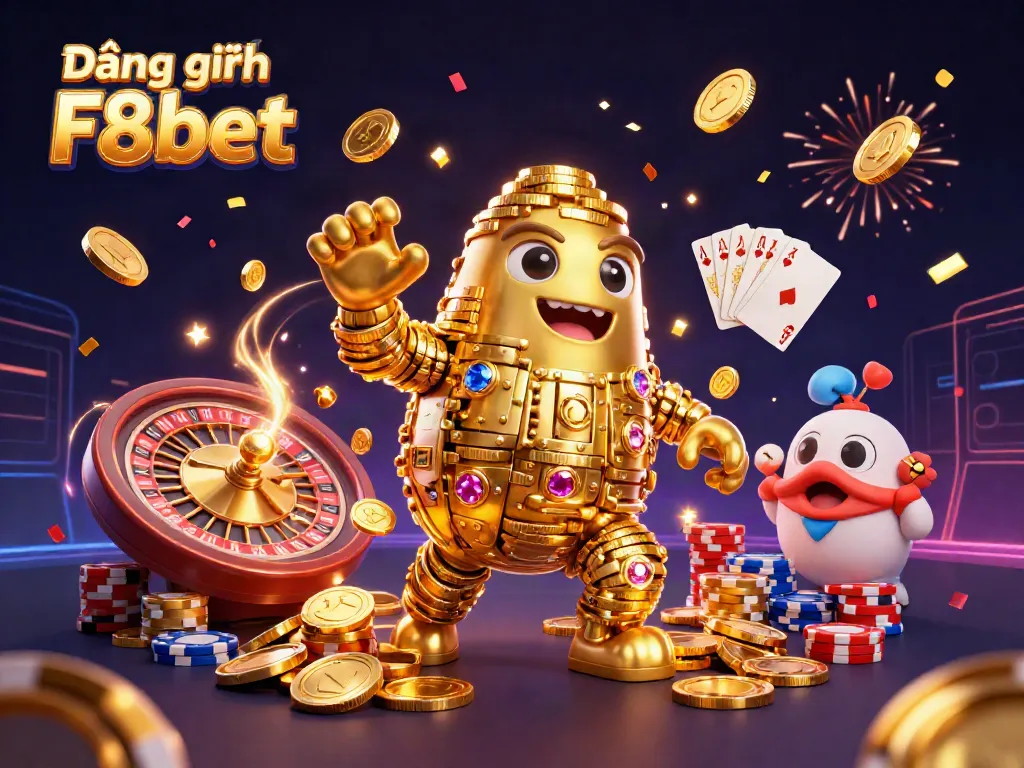 Experience the excitement of Đăng ký F8bet in a vibrant casino scene featuring golden golems and dynamic gaming elements.