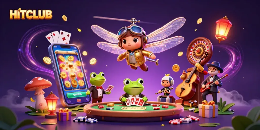 Experience the thrill of HITCLUB with a dynamic 3D casino illustration featuring unique gaming elements.