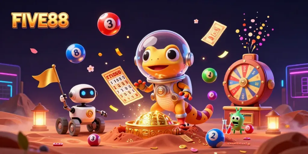 Engage with the excitement of FIVE88 as a Martian gecko discovers a fantasy casino in a vibrant 3D scene.
