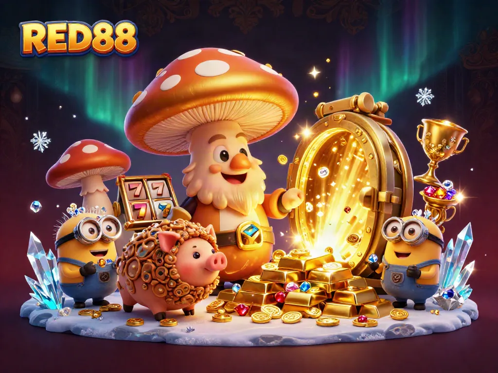 Experience the magic of RED88 with golden treasures and fun slot reels in an enchanting casino scene.