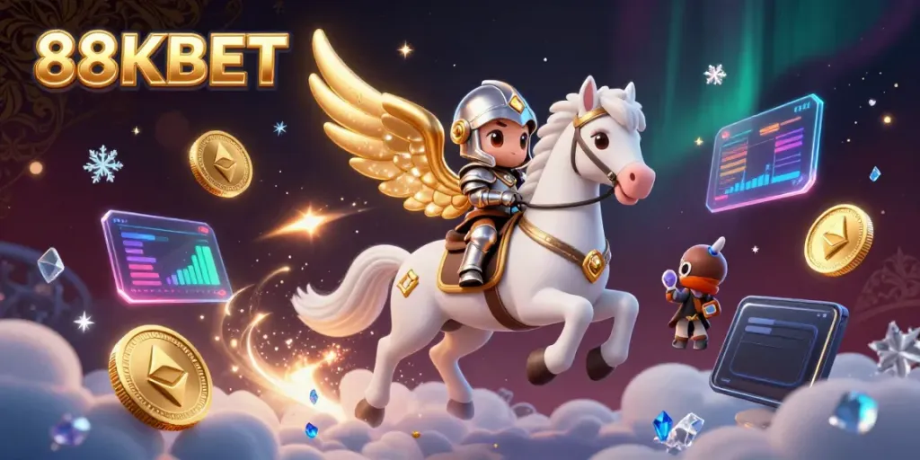 Experience thrilling gaming with 88KBET's vibrant 3D scene depicting celestial adventures and crypto elements.