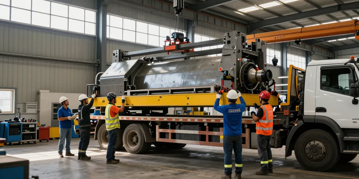 Machinery Movers relocating heavy equipment in an industrial workspace.