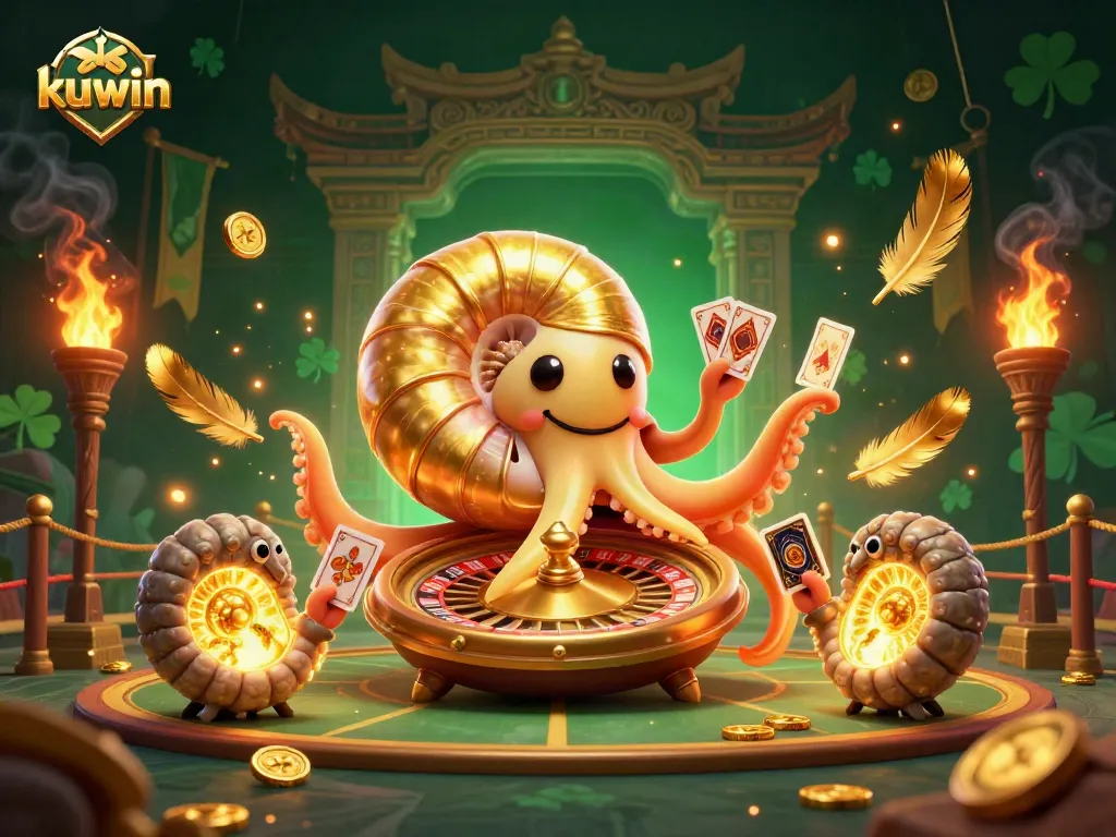 Kuwin invites players to win with ancient nautilus and golden roulette in a vibrant casino scene.
