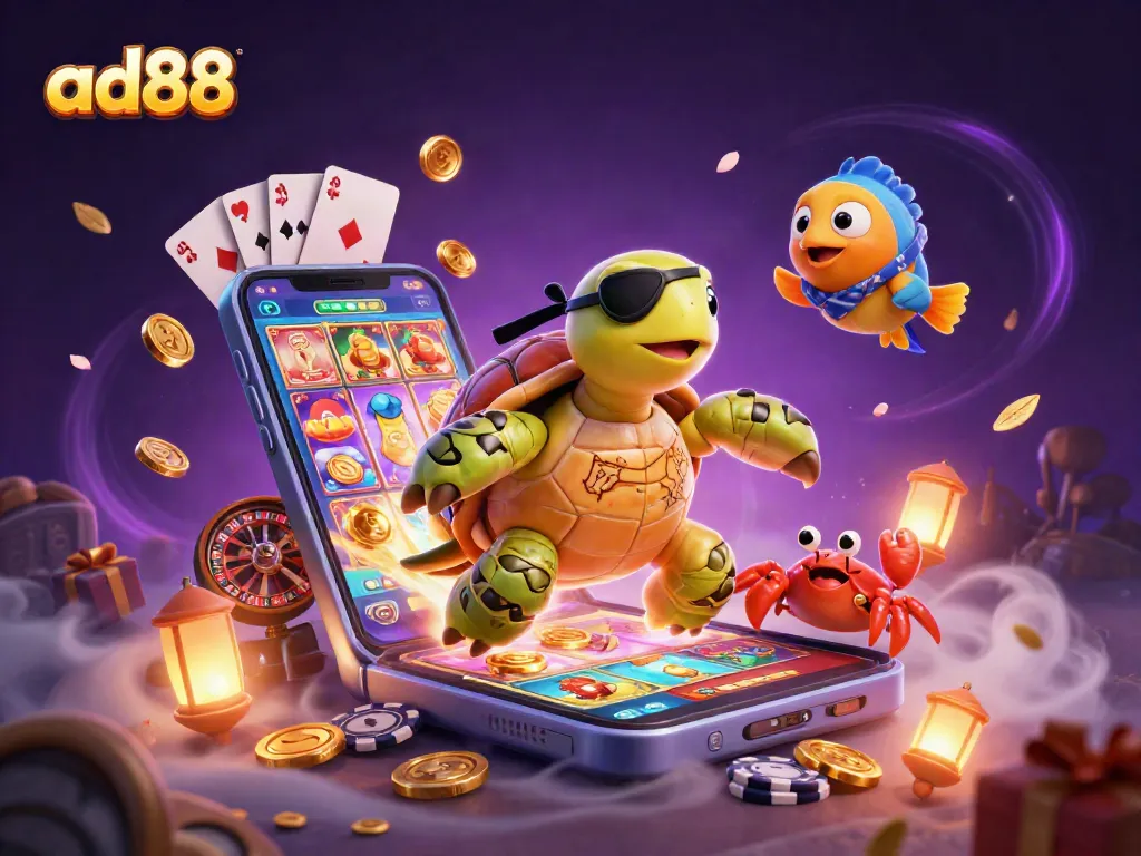 Experience ad88's vibrant gaming world with our cartoon pirate turtle, treasures, and thrilling casino elements.