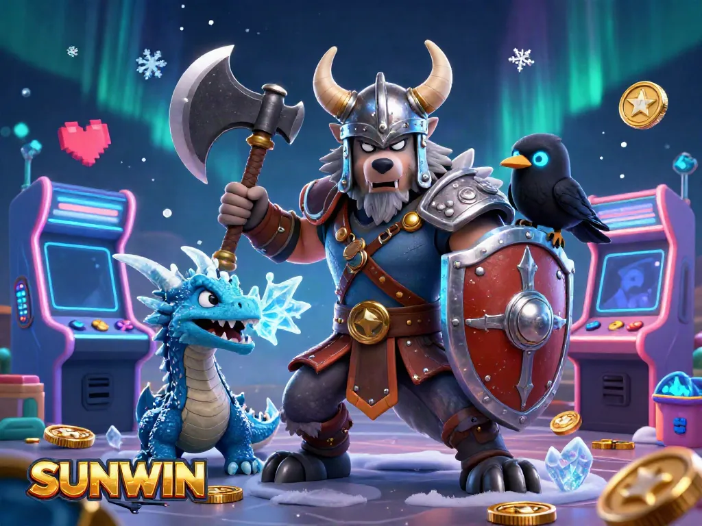 Engage with the thrilling world of SUNWIN through an exhilarating 3D scene featuring a Viking warrior, fierce dragon, and playful raven amidst vibrant casino-themed graphics.