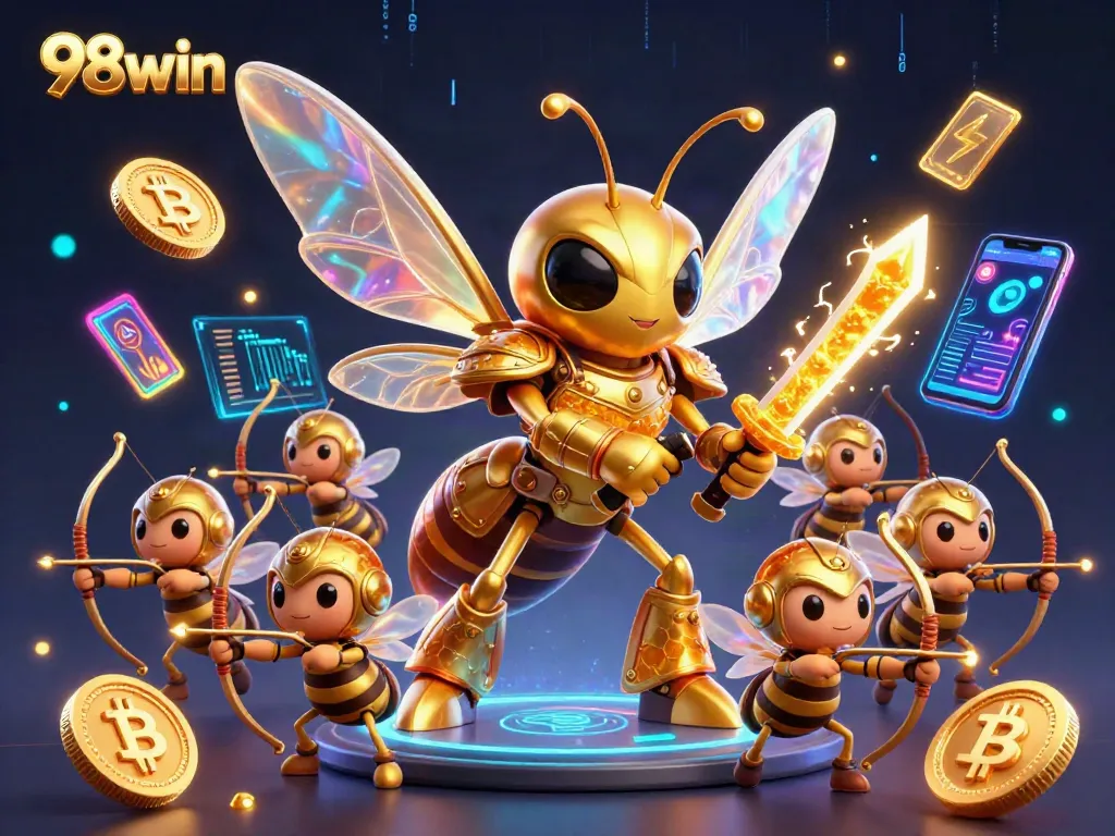 Win big with 98win's vibrant animated scene showcasing exciting gaming elements.