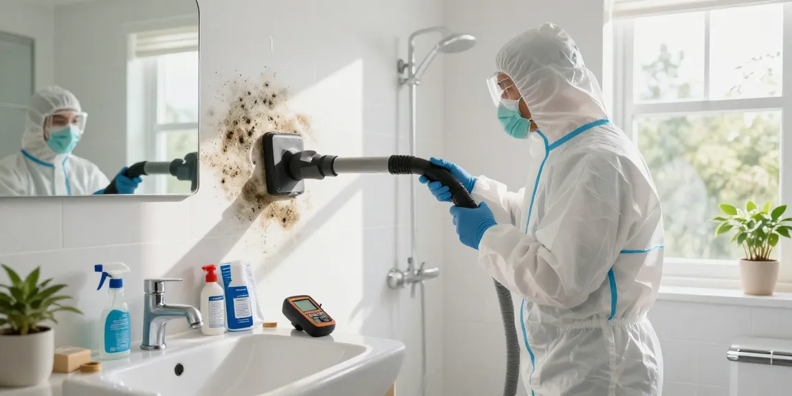 Mold Remediation Vancouver expert removing mold in a clean bathroom with professional tools and sunlight.