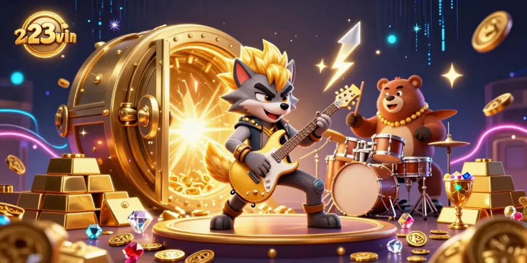 Experience the thrill of gaming at 23win with vibrant illustrations of a rock star wolf and drummer bear amidst golden treasures.