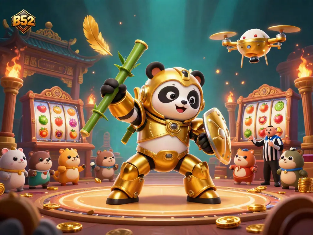 The B52 casino scene features a mech-suit golden panda in a vibrant gambling arena, showcasing excitement and betting action.
