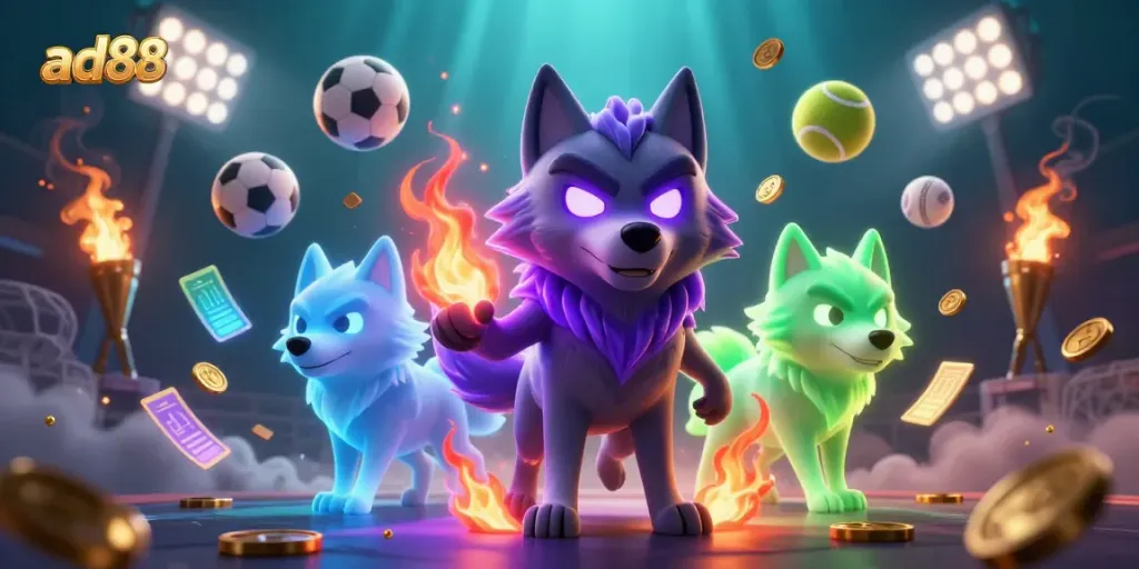 Experience the thrill of ad88 as ghostly wolves lead a dynamic sports betting scene filled with trophies and coins.