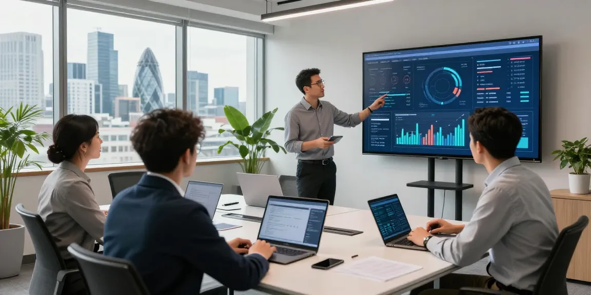 Collaboration in a modern office for business IT support Londor, showcasing a team analyzing performance metrics.